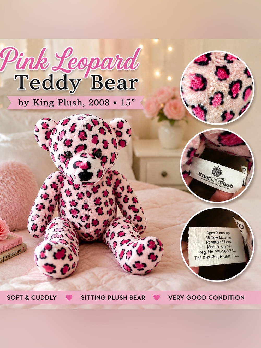 Pink Leopard Print Teddy Bear Plush Stuffed Animal Y2K 2008 15”
